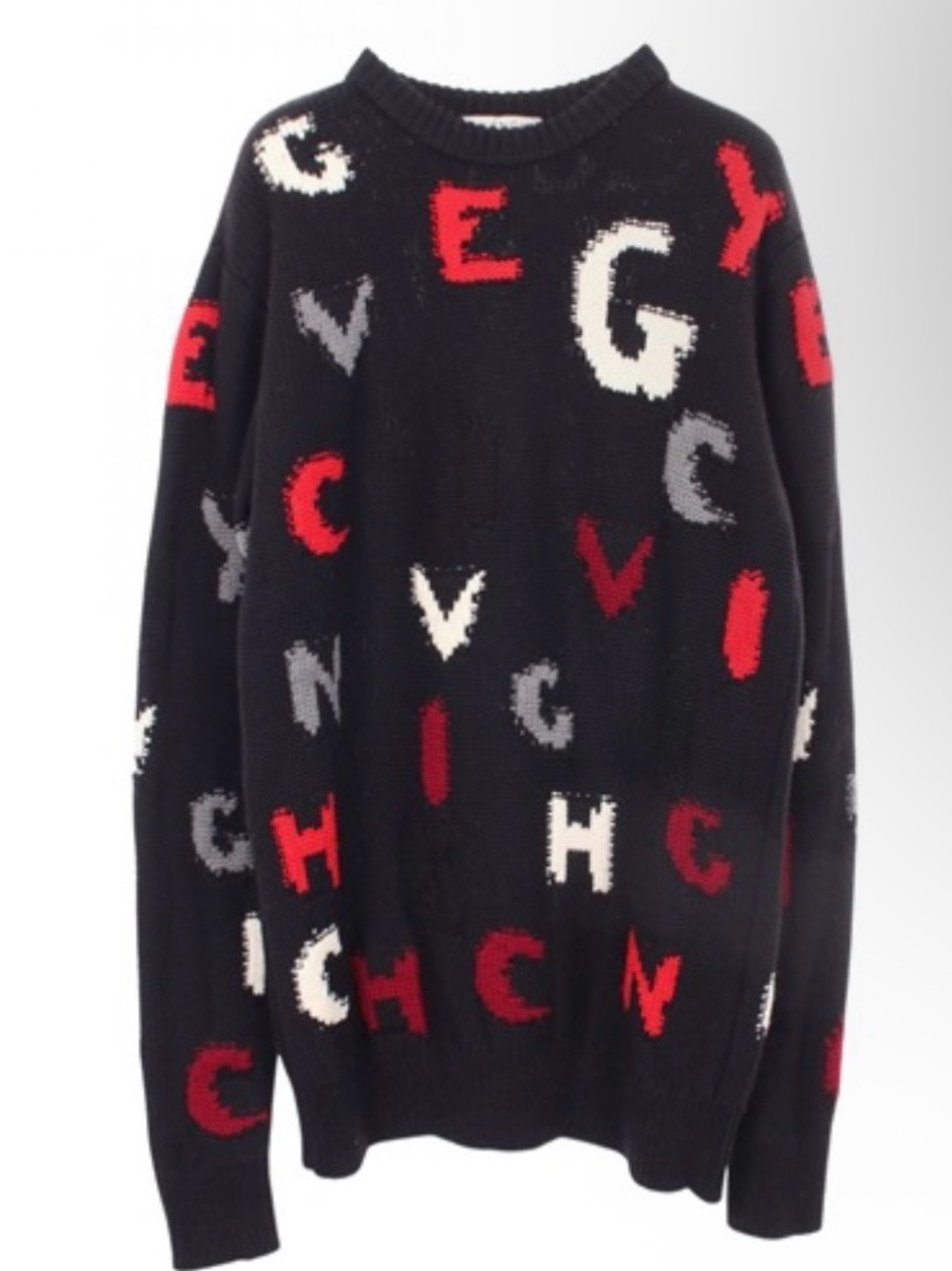 Givenchy Black Crewneck Sweater with Red, White and Gray Letter Knit